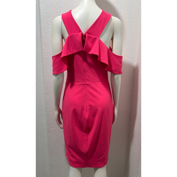 Lulu's Bright Pink Summer Halter Dress Criss Cross Ruffle Sheath Sz M Medium - Picture 2 of 7